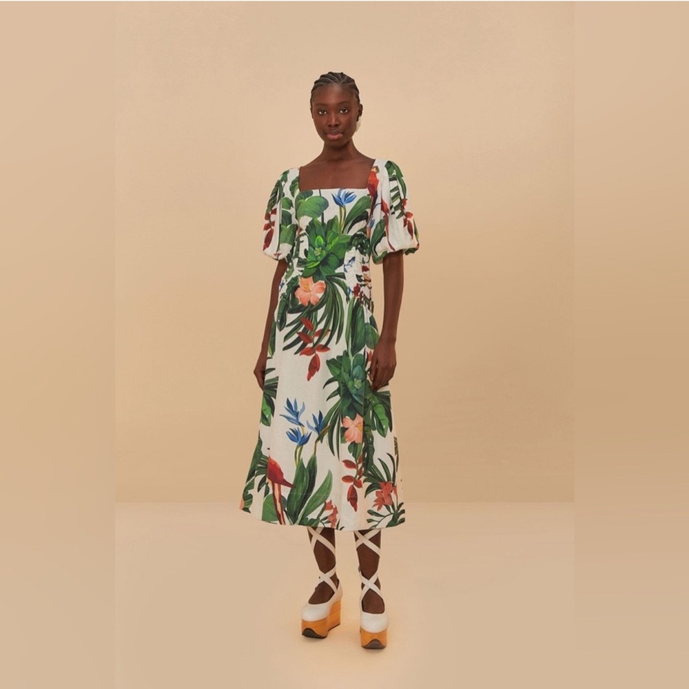 FARM Rio Cream Midi Dress with Green Foliage & Orange Floral Accents